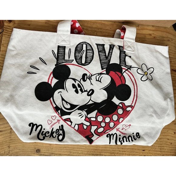 Disney Store Mickey & Minnie Mouse Love Canvas Tote Bag Valentine Heart Kiss NEW - Picture 1 of 4